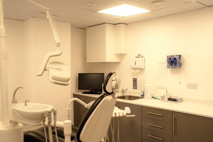 A dental surgery with treatment chair and monitor at BDSI Clinic, Bristol